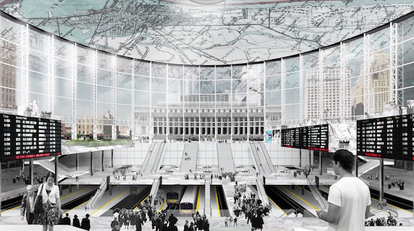 A rendering of the interior of Practice for Architecture and Urbanism’s proposed redesign of Penn Station, facing the Farley Post Office, where Madison Square Garden would be relocated. Image courtesy CB5.