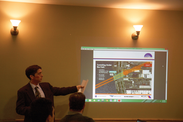 New Jersey Transit Chief Planner Jeremy Colangelo-Bryan explains a preliminary plan for work on the Hudson River Tunnel project that will impact the area around 12th Ave. and W. 30th St. Photo by Dennis Lynch.