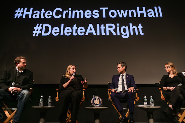 State Senator Brad Hoylman’s Jan. 29 Town Hall on Hate featured a panel comprised of, left to right, Oren Segal, of the Anti-Defamation League; Heidi Beirich, of the Southern Poverty Law Center; Hoylman; and film produce /director Rebecca Teitel. Photo by Tequila Minsky.