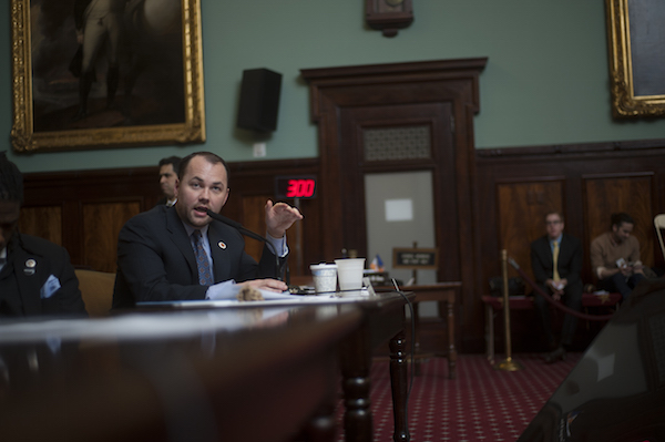 Councilmember Corey Johnson in the Council chambers at City Hall. Photo by William Alatriste via NYC Council.