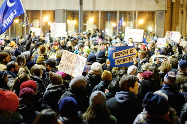 The crowd massed outside the federal courthouse in Brooklyn on Saturday night as Judge Ann Donnelly prepared to issue a stay on Trump’s order. Photo by Stefano Giovannini.