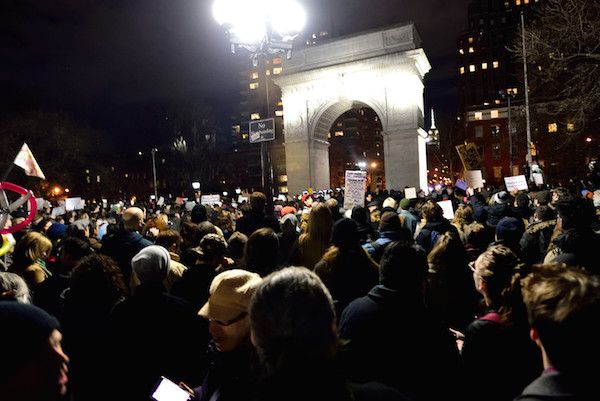 Crowds gathered in Washington Square on Jan. 26 on the eve of the Trump immigration order. Photo by Donna Aceto.