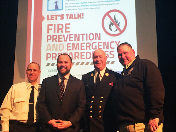 L to R: FDNY Lieutenant Michael Kozo, Councilmember Corey Johnson, FDNY Deputy Assistant Chief Michael Gala and OEM Deputy Commissioner of Operations Frank McCarton. Photo by Dennis Lynch.