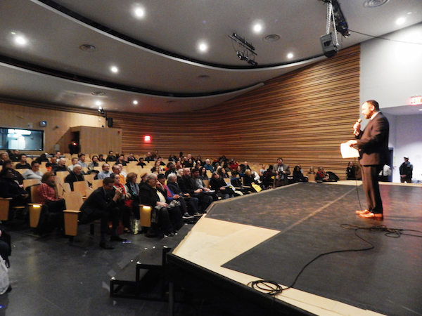 Councilmember Corey Johnson addresses the crowd at a Beacon High School on Mon., Feb. 6. Photo by Dennis Lynch.