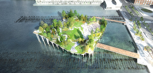 A design rendering of the proposed Pier55 project, which would overlap the old pile fields of Piers 54 and 56. Image courtesy Pier55, Inc./Heatherwick Studio.