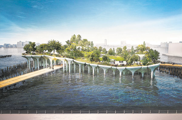 A rendering of Pier55, showing its unique “pot”-style support piles. The concrete that would be flowed into metal tubes to create these high-style piles would be, legally speaking, a “pollutant” to the Hudson River Park estuarine sanctuary, which is officially a “special aquatic site” under the Clean Water Act, a federal judge ruled. Image courtesy Pier55, Inc./Heatherwick Studio.