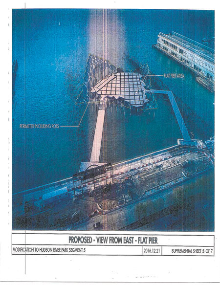 A rendering shows a redesigned Pier55 with a flat deck. The undulating landscaping above it would then be created with some sort of filler beneath the plantings. In the earlier design, the concrete deck itself was undulating, which would have proven far too expensive to build. Image courtesy The Villager.