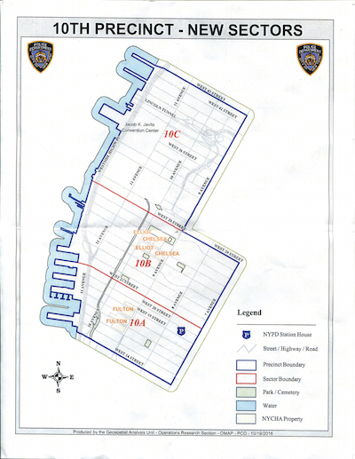 A map outlining the different sectors the neighborhood will be divided into for the program. Additional NCO officers are assigned to Chelsea-Elliott and Fulton Houses. Image courtesy NYPD. 