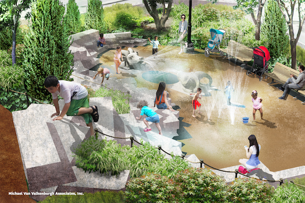 The toddlers’ water area of a revitalized Chelsea Waterside Playground will include animal head statues from a former W. 39th St. slaughterhouse, repurposed as fountains. Image courtesy Michael Van Valkenburgh Associates, Inc.