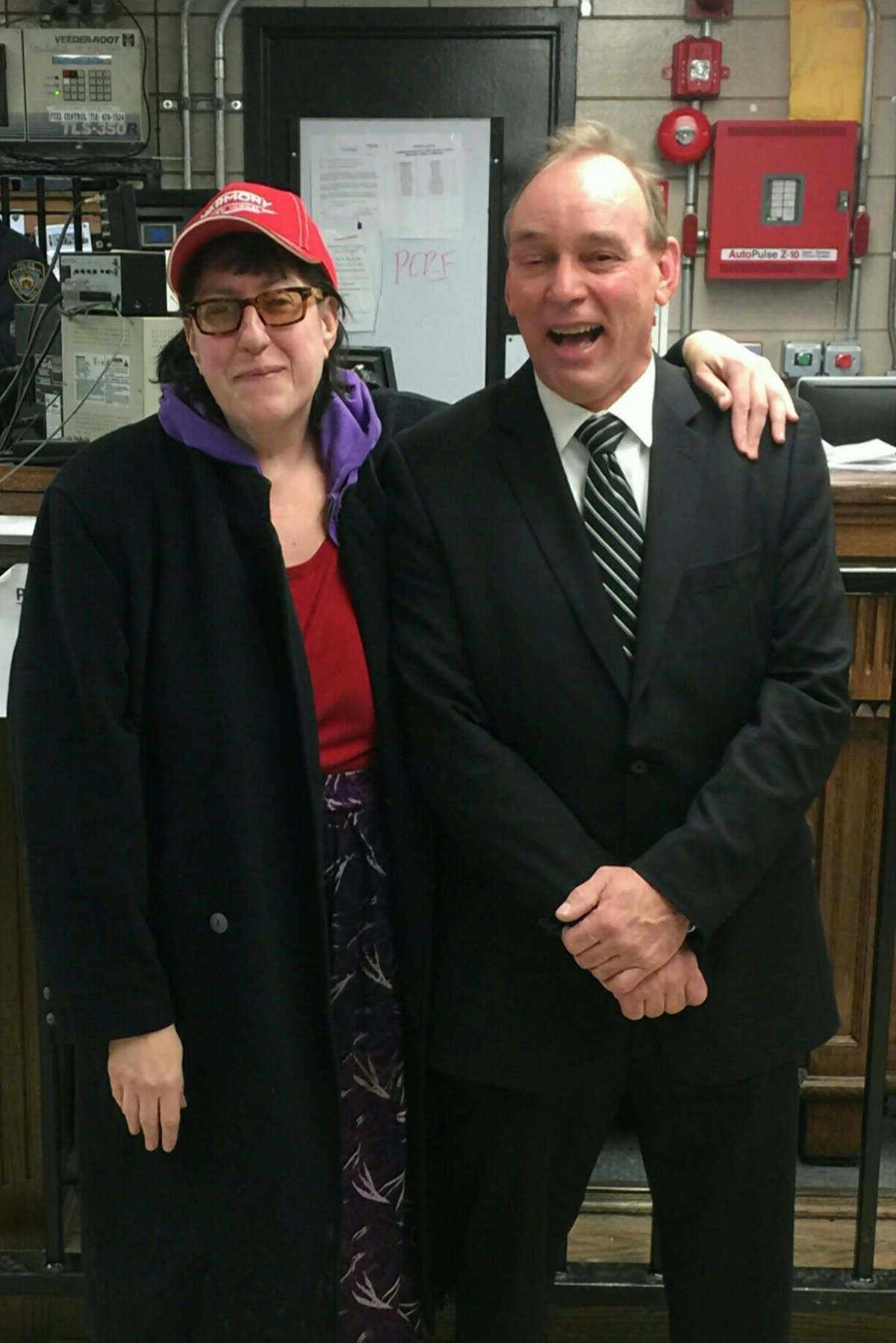 Sixth Precinct Community Affairs Officer Martin Baranski retired last week after 32 years on the force. At a party for Baranski at the precinct last Friday, Christopher St. activist Jessica Berk posed with him for a photo. Villager readers will recall that Berk has sued the Sixth on more than one occasion and, in general, has at times been a tough critic of the Greenwich Village precinct. But she holds Baranski in high regard. “They don’t make ’em like that anymore,” she said. “I’m proposing a female community affairs officer as his replacement,” she added. “That’s the only way to fill his shoes.” Photo by P.O. Evrim Can 