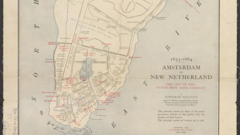 nykyisen ala-Manhattanin alue näkyy kartassa Amsterdamissa uudessa Hollannissa, joka oli hollantilaisten asuttama kunnes englantilaiset ottivat vallan vuonna 1664.