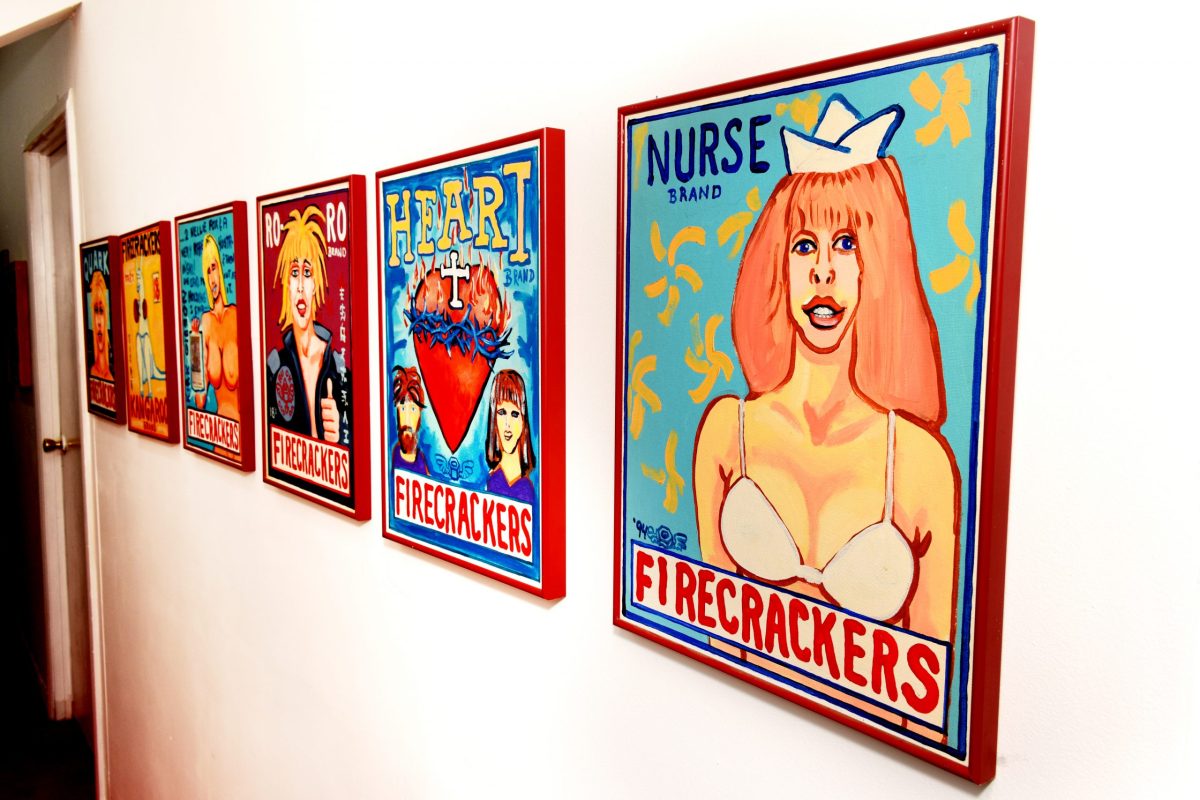 A few of the "Firecracker" paintings from the mid 90's, which feature Higgins' "wingnut" logo.