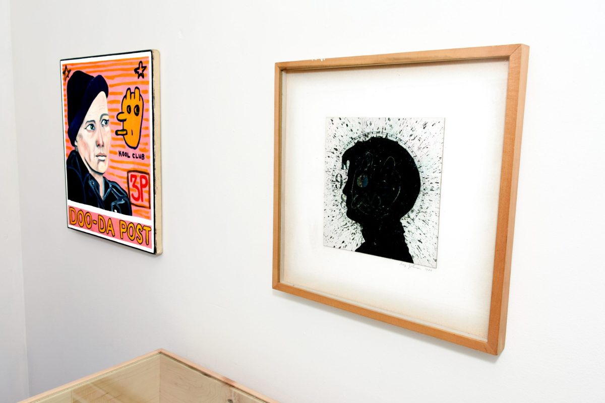 At left, Higgins' portrait of Ray Johnson, on loan from the Johnson estate. At right, the portrait of Higgins by Ray Johnson.