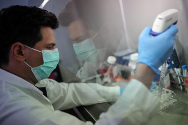 Scientist works on cells that produce antibodies against the coronavirus disease (COVID-19), in a university lab in Athens