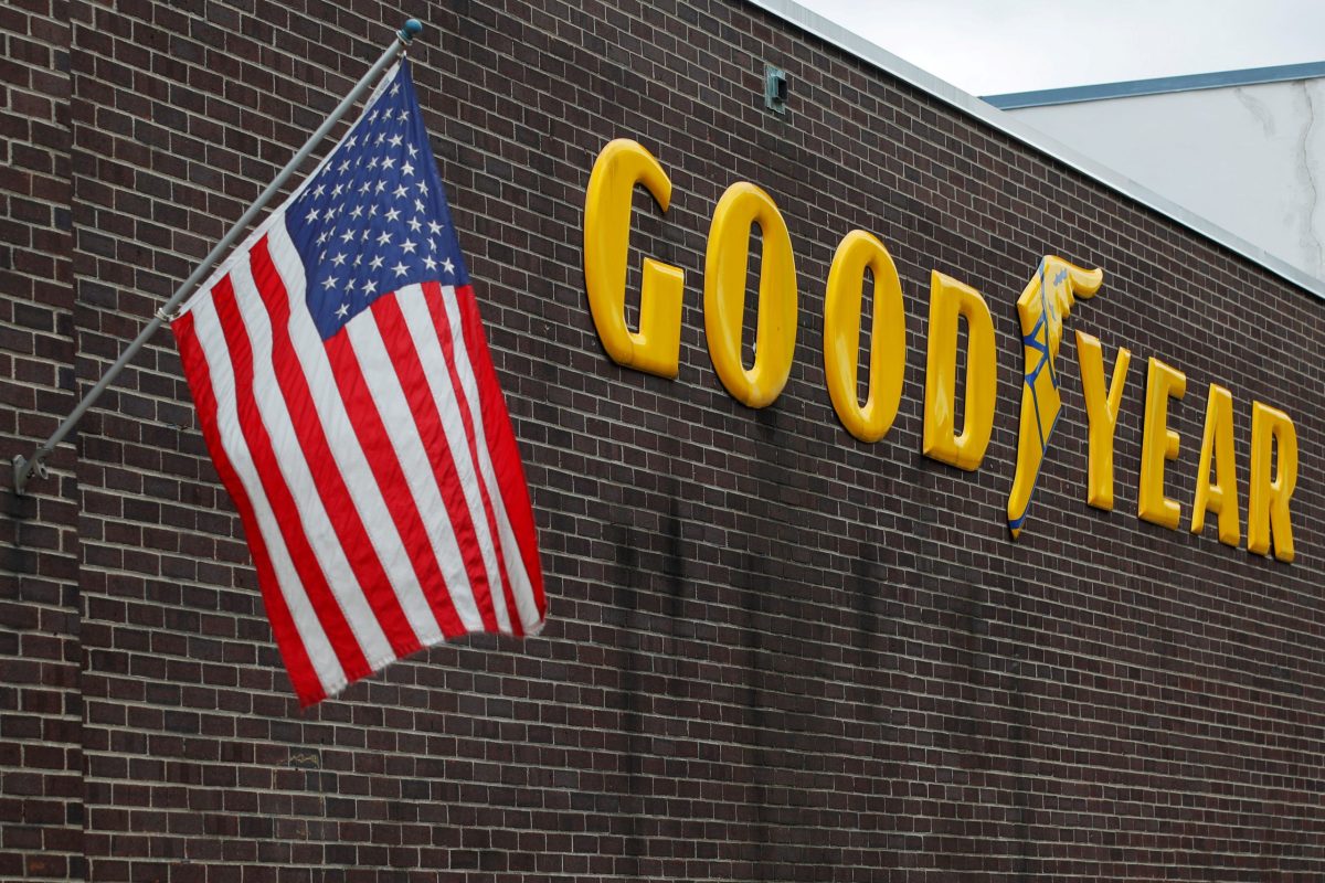 FILE PHOTO: A U.S. flag flies at a Goodyear Tire facility in Somerville