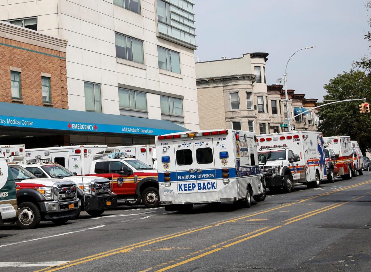 Ambulances line up outside Maimonides Medical Center, as the spread of the coronavirus disease (COVID-19) continues, in Brooklyn, New York