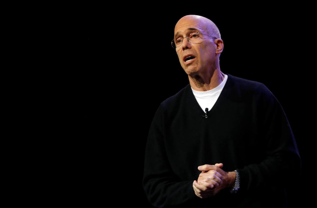 Quibi founder Jeffrey Katzenberg speaks during a Quibi keynote address at the 2020 CES in Las Vegas