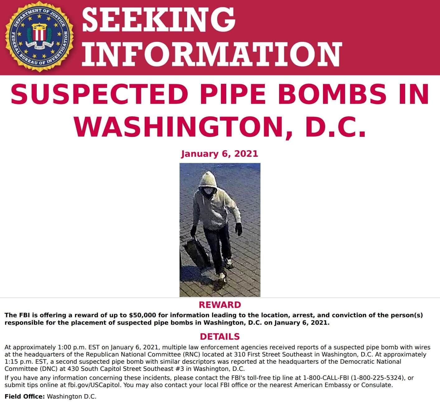 FBI Offers $50K Reward For Finding Domestic Terrorists Who Planted Pipe ...