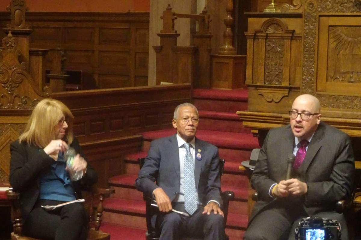 From left to right: Assemblywoman Linda Rosenthal, State Senator Robert Jackson, State Senator Gustavo Rivera (photo by William Engel)