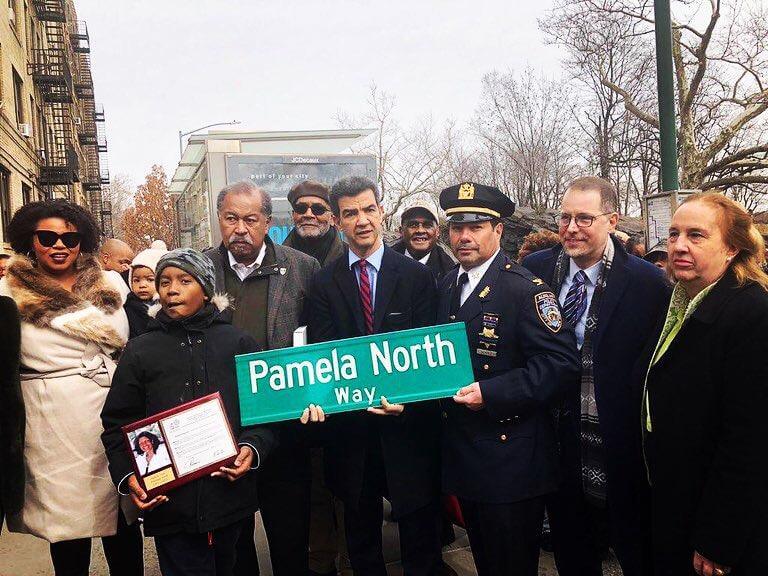 Ydanis Rodriguez, Mark Levine, Gale Brewer and CB12 Chairperson Richard Lewis stand with the family of Pamela North. (Credit: Office of Ydanis Rodriguez)