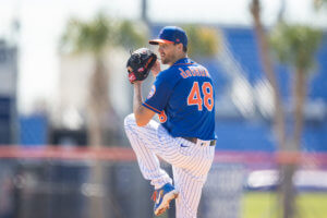 Injured New York Mets player Kevin Pillar wears a bandage on his