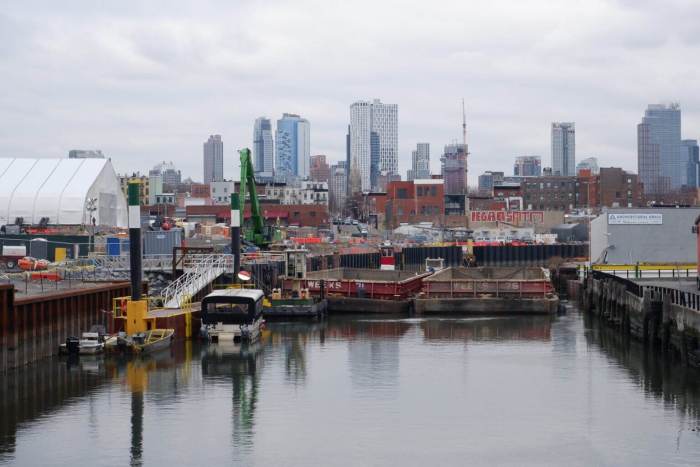 Barges docked at Huntington Street as part of the Gowanus Canal's Superfund Cleanup