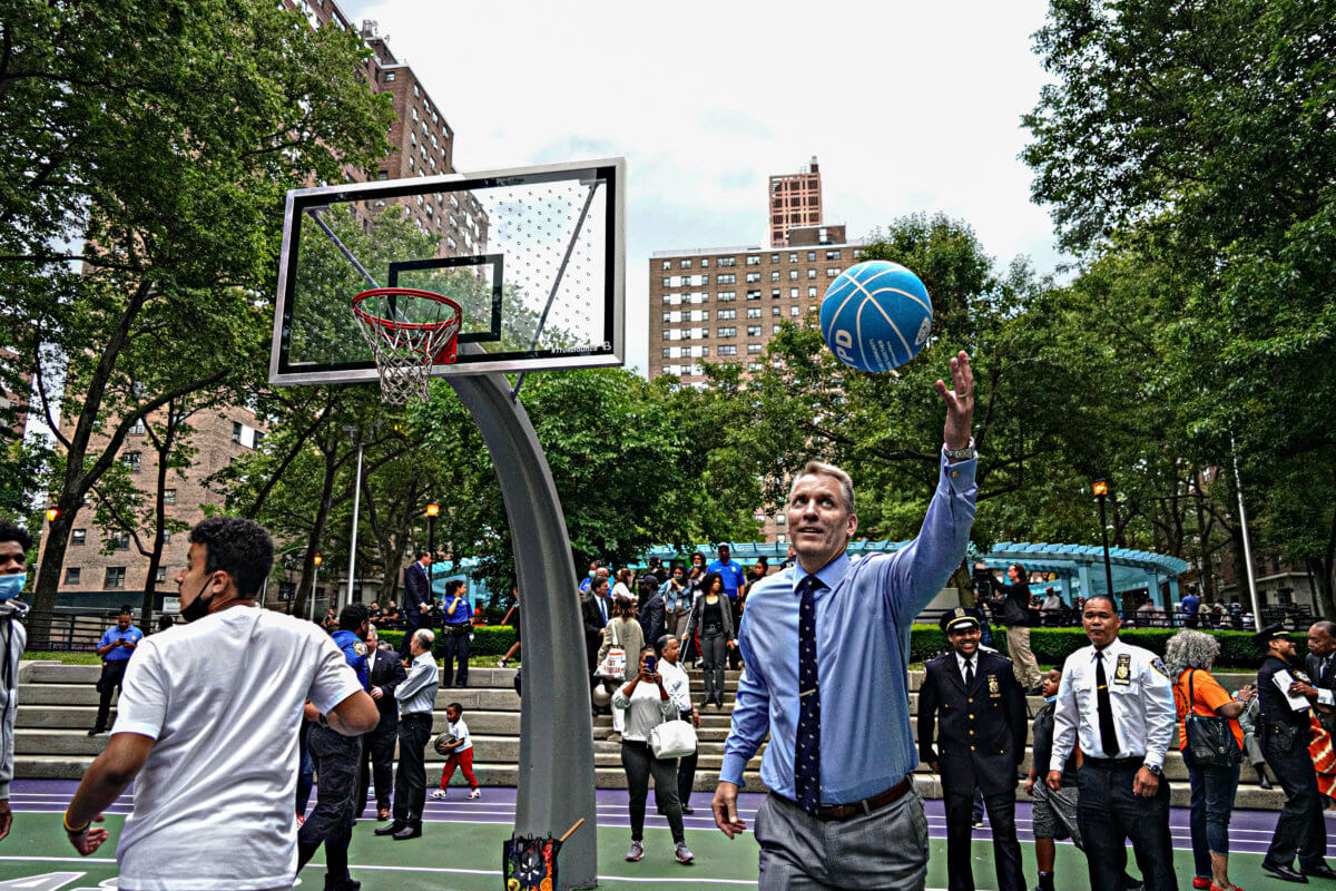 NYPD, community leaders unveil renovated Frederick Douglass Houses basketball  court