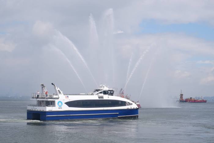 An NYC Ferry departs from St. George in Staten Island