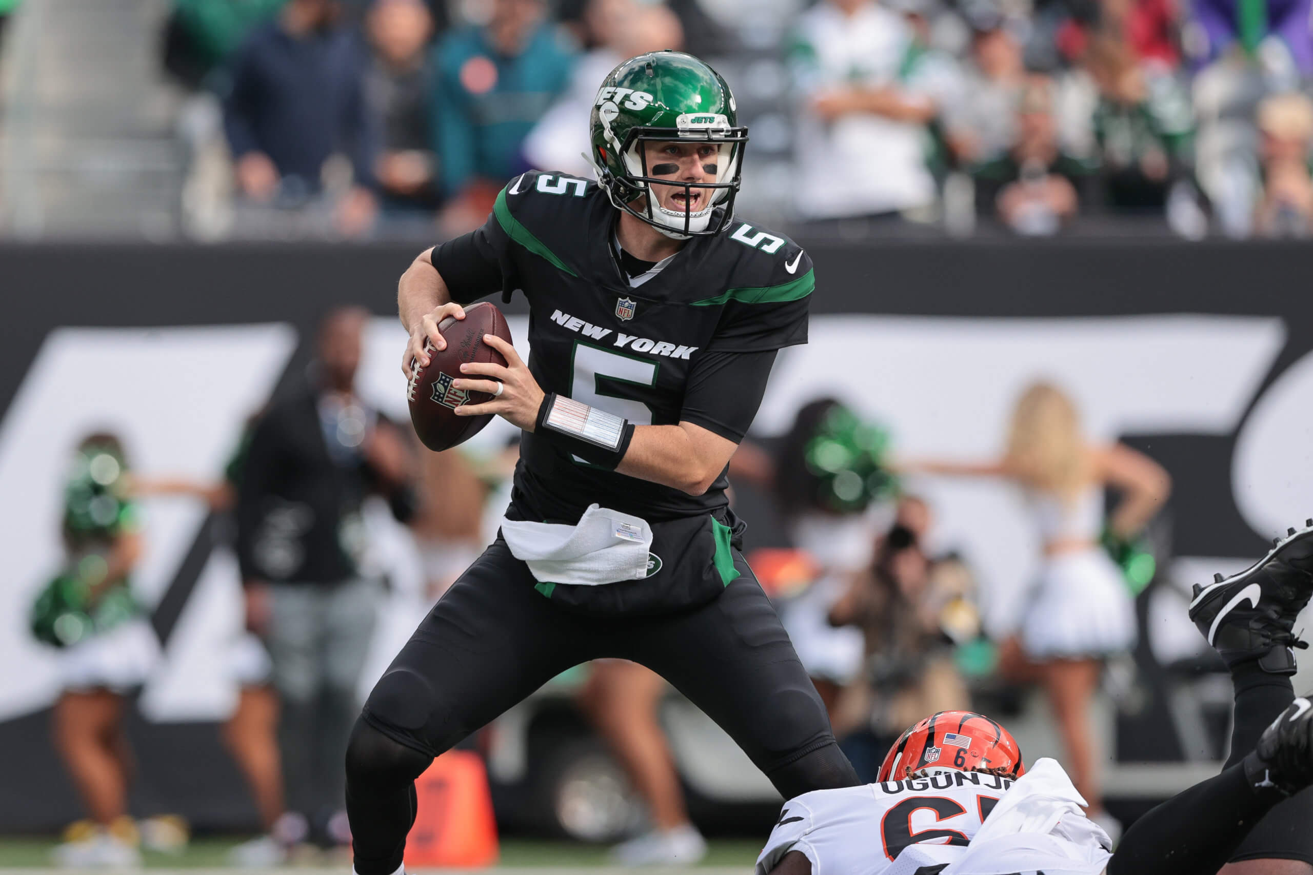 New York Jets quarterback Mike White celebrates after catching a two-point  conversion during th …