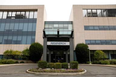 FILE PHOTO: The Regeneron Pharmaceuticals company logo is seen on a building at the company’s Westchester campus in Tarrytown, New York