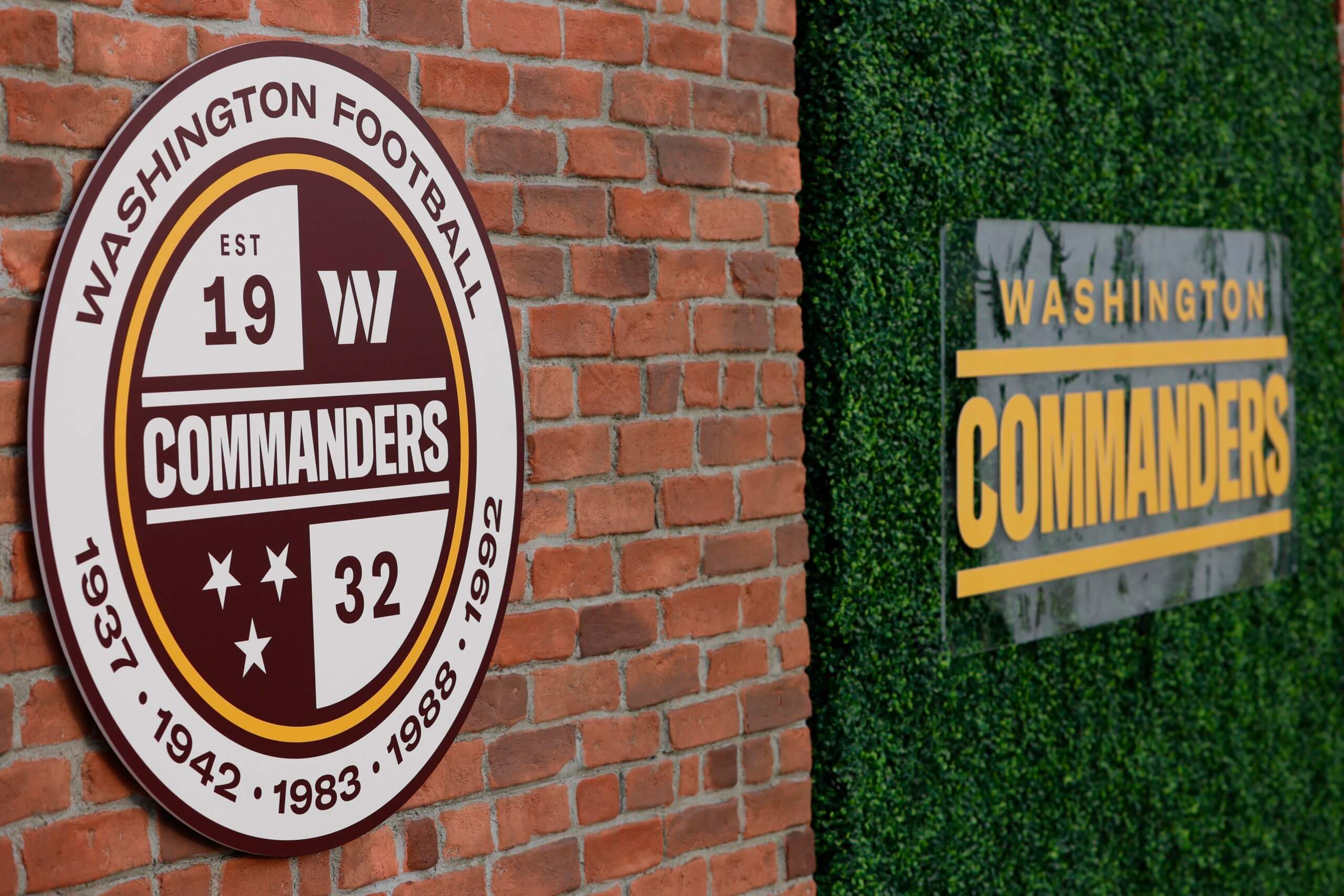 The Washington Commanders' logo is displayed on a jersey at an event to  unveil the NFL football team's new identity, Wednesday, Feb. 2, 2022, in  Landover, Md. The new name comes 18