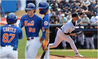 Brett Bay is congratulated by teammates Carlos Cortex and Mark Vientos at home plate after scoring a double (left). Yankees relief pitcher Lucas Luetge (right).