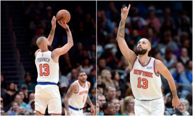 Evan Fournier makes a 3-pointer to break John Starks' single-season record.