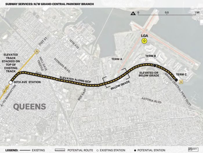 One of two possible subway extensions to LaGuardia Airport the Port Authority proposed as an alternative to the AirTrain