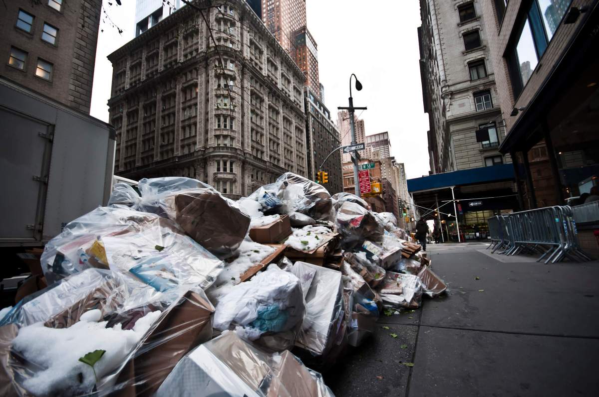 Garbage bags on the sidewalk in New York City, USA