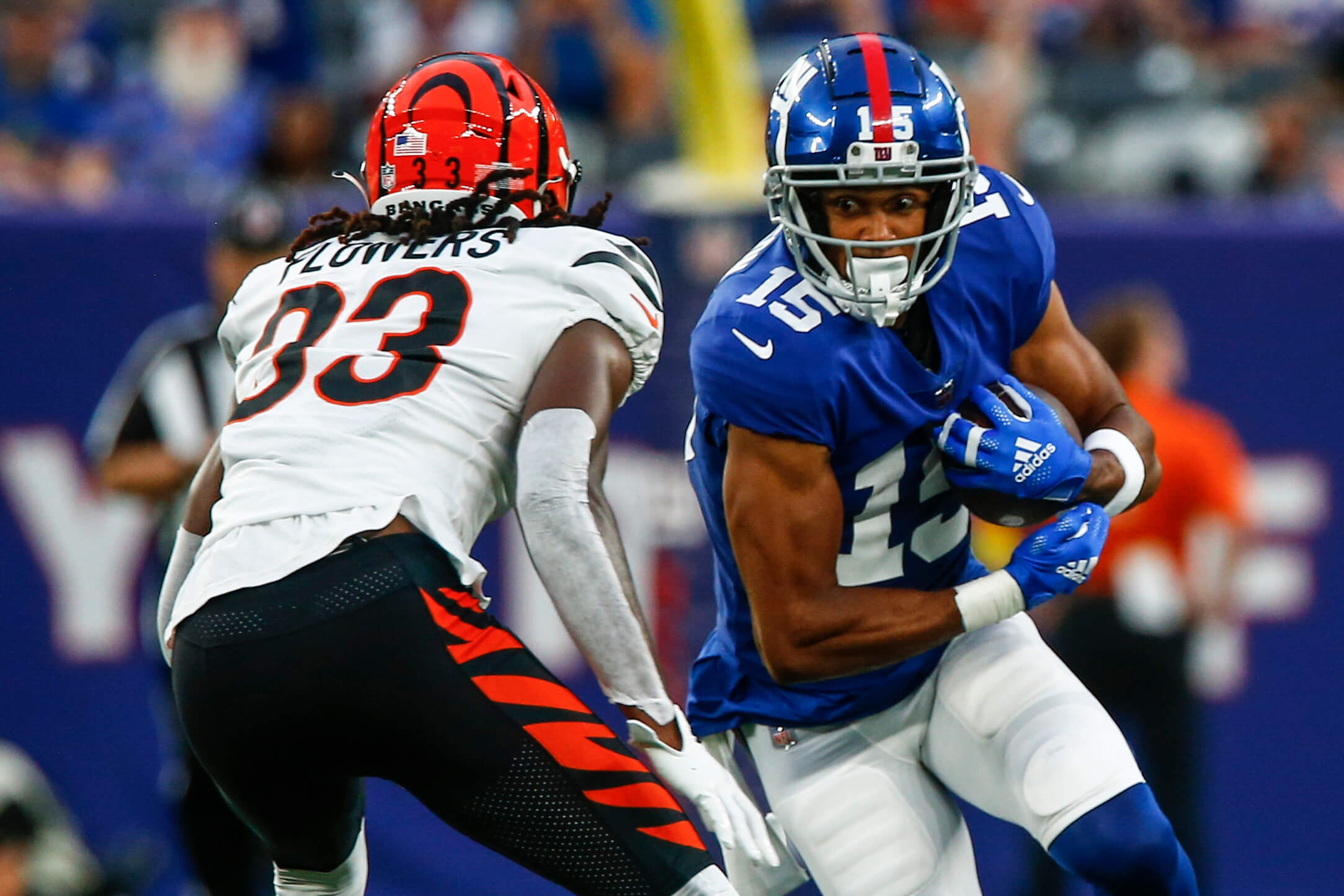 New York Giants wide receiver Collin Johnson celebrates after a