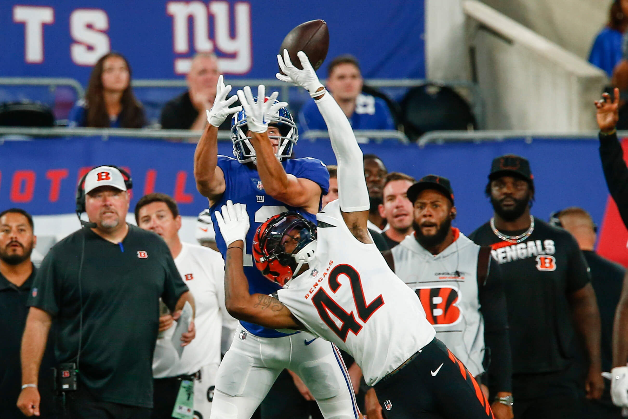 New York Giants wide receiver Collin Johnson celebrates after a