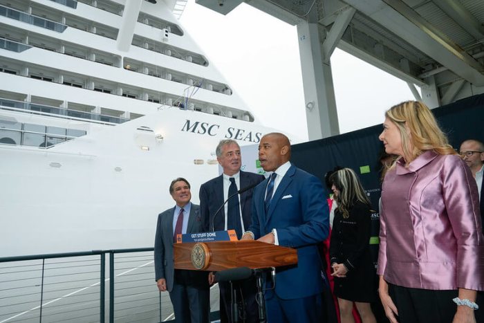 Mayor Eric Adams announcing that MSC Cruises will run year round ships out of New York City