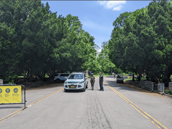 NYPD and Parks Police stand sentry at an e-bike ticketing checkpoint