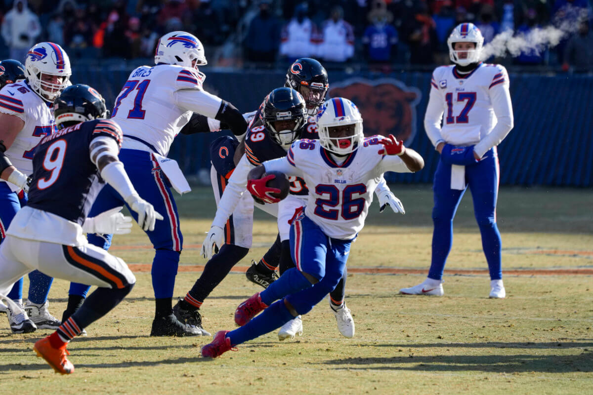 Buffalo Bills running back Darrynton Evans (37) runs the ball during an NFL  pre-season football game against the Indianapolis Colts, Saturday, Aug. 12,  2023, in Orchard Park, N.Y. Buffalo defeated the Colts