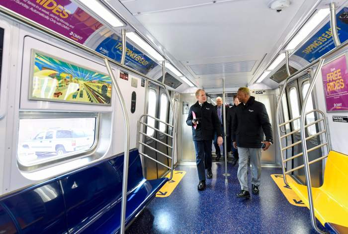 MTA Chair Janno Lieber rides the R211 on the F line in Brooklyn