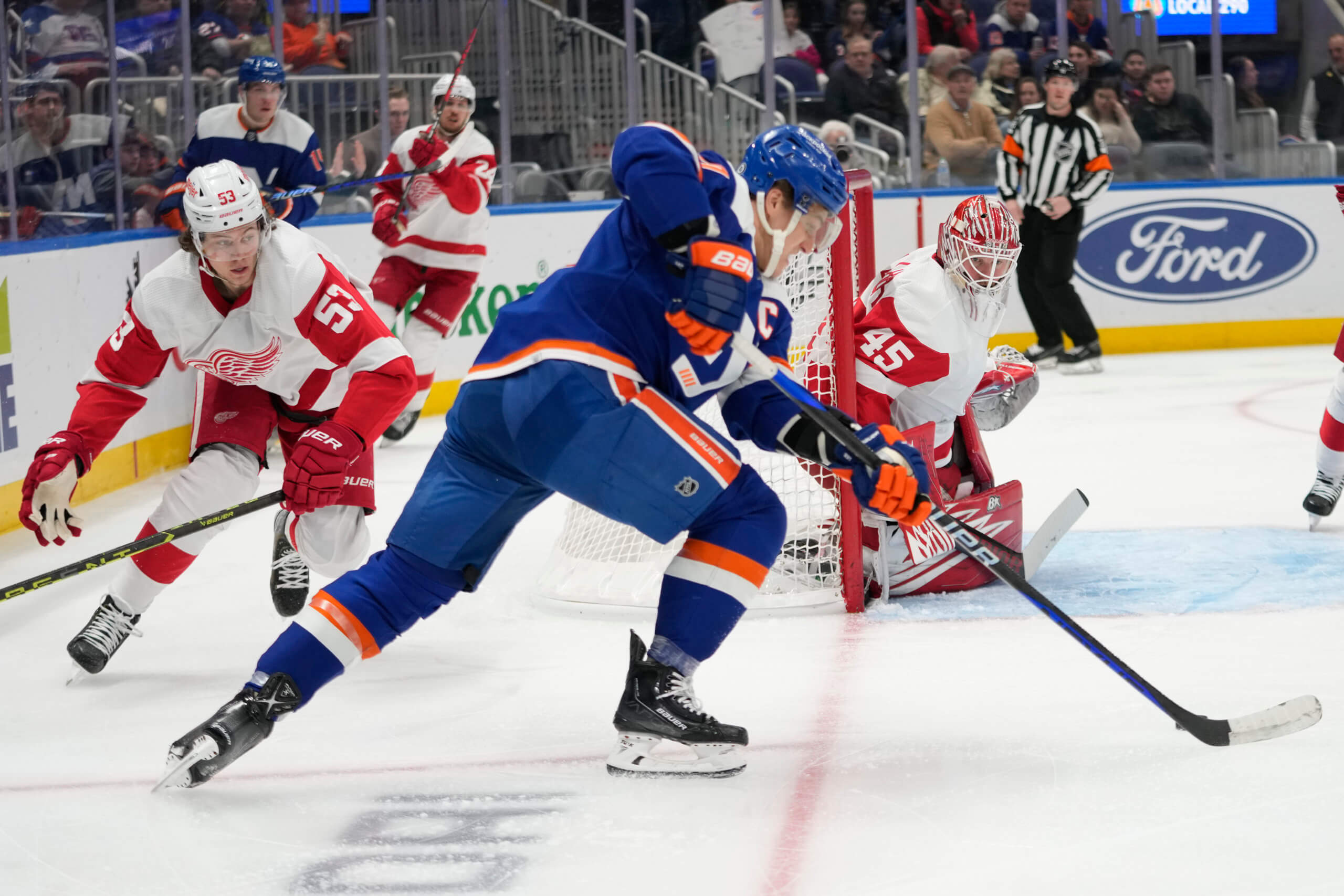 New York Islanders center Mathew Barzal during the second period of a  preseason NHL hockey game against the New York Rangers, Saturday, Oct. 8,  2022, in Elmont, N.Y. (AP Photo/Mary Altaffer Stock