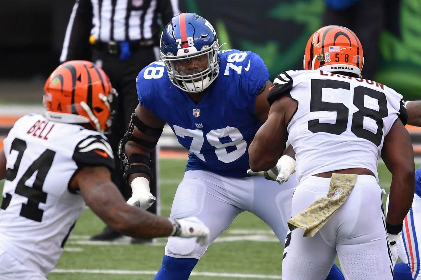 Giants starting left tackle Andrew Thomas is listed as