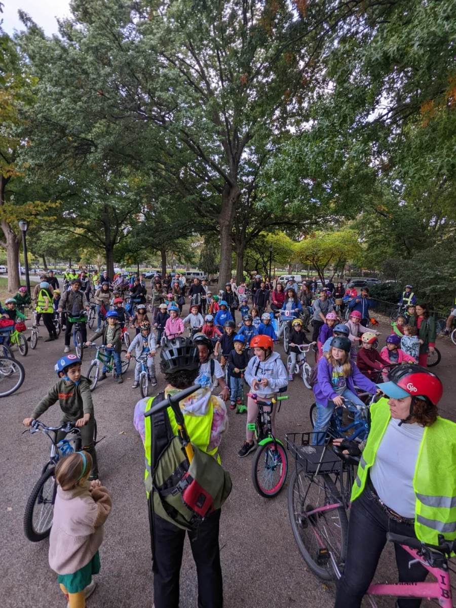 A bike bus meeting in Brooklyn