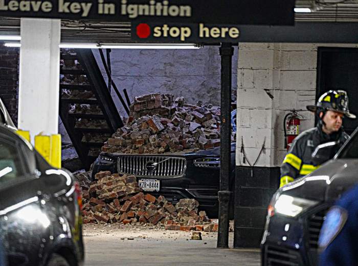 Roof of parking garage collapsed in Lower Manhattan.