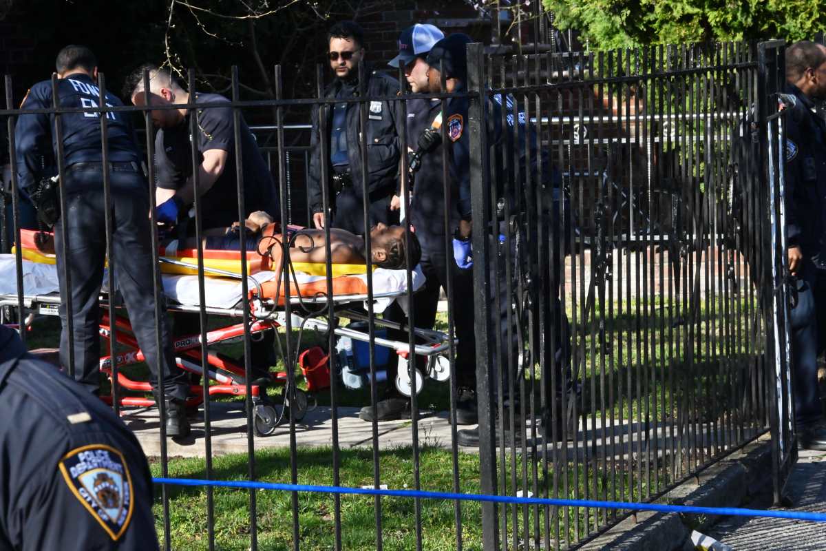 Officers from the 69th Precinct investigate as EMS attends to the victim