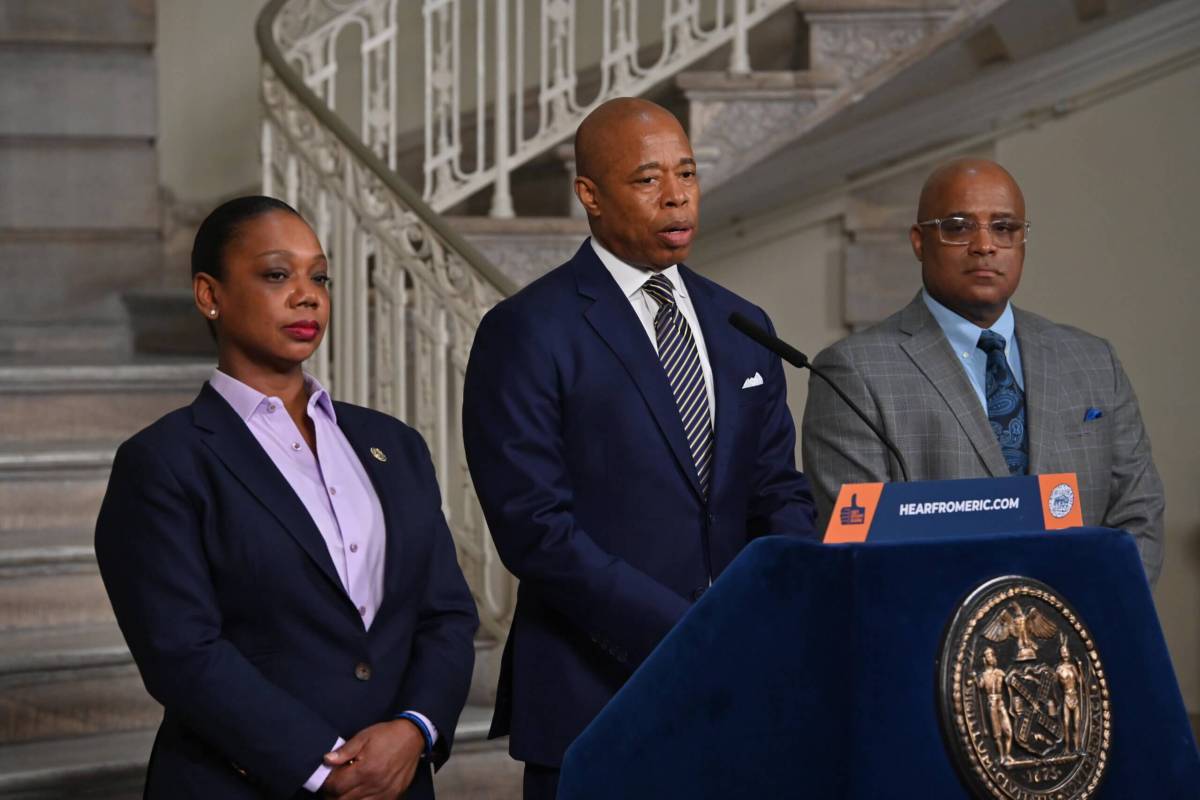 Mayor Eric Adams, Police Commissioner Keechant Sewell and First Deputy Mayor Philip Banks speak about Trump protest preparations