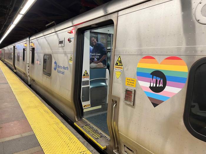 A Metro-North train bearing an MTA Pride decal