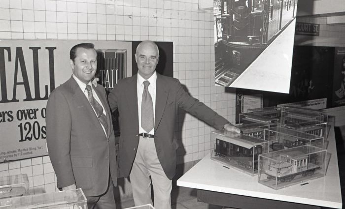 Don Harold  exhibits model railcars at the Transit Museum in 1977Don Harold (left) exhibits model railcars at the Transit Museum in 1977