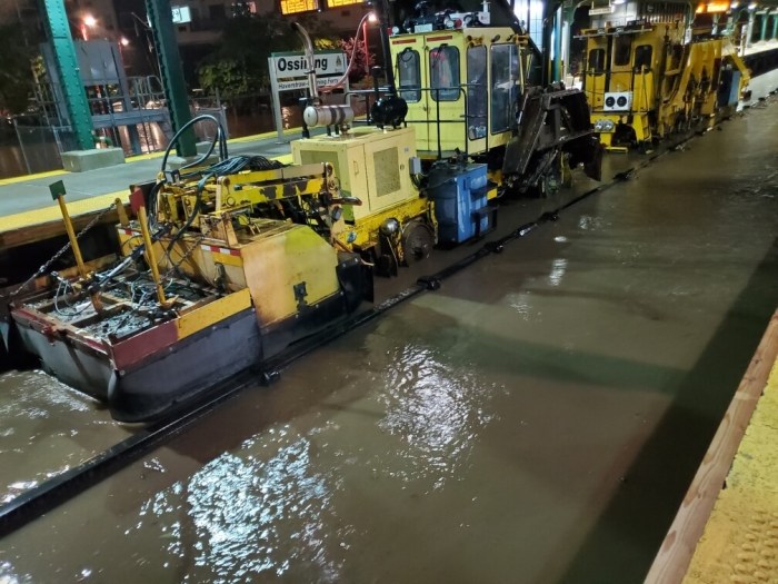 Workers address flood conditions at Ossining Station on the Hudson Line